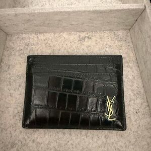 Saint Laurent Black Croc-Embossed Card Holder with Gold YSL Monogram